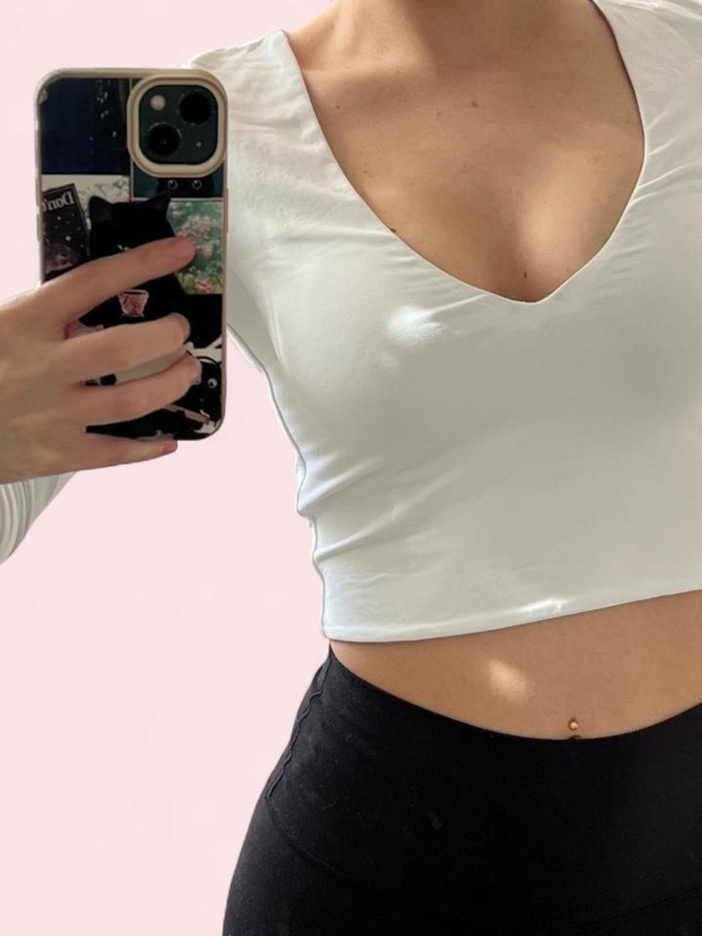 Babaton Tight White V-Neck Long Sleeve Crop Top